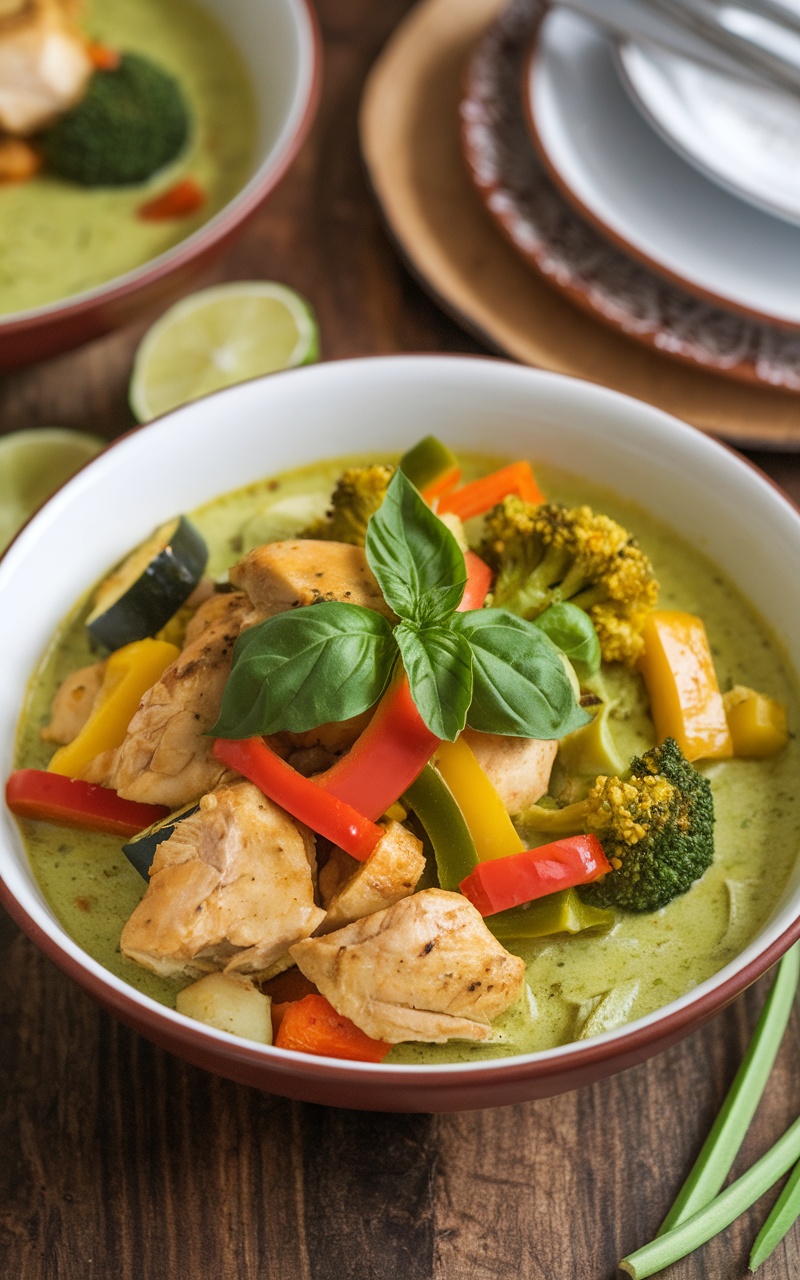 Keto Thai Green Curry Recipe: Low-Carb and Full of Flavor A bowl of keto Thai green curry with chicken, vegetables, and basil on a wooden table.